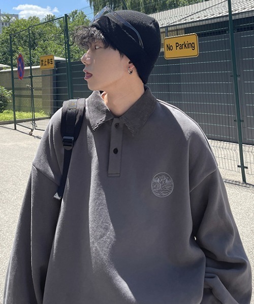 B.R.U(ブル)の「ワンポイント刺繍襟付きスウェット / 異素材襟切替ポロスウェット(スウェット・メンズ・ブラック/チャコールグレー/ベージュ・FREE)」の6枚目の写真