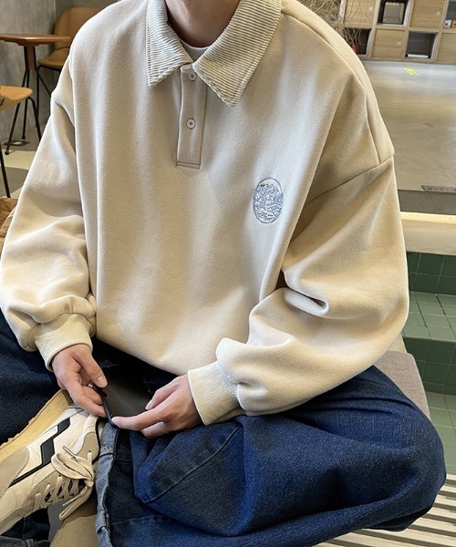 B.R.U(ブル)の「ワンポイント刺繍襟付きスウェット / 異素材襟切替ポロスウェット(スウェット・メンズ・ブラック/チャコールグレー/ベージュ・FREE)」の20枚目の写真