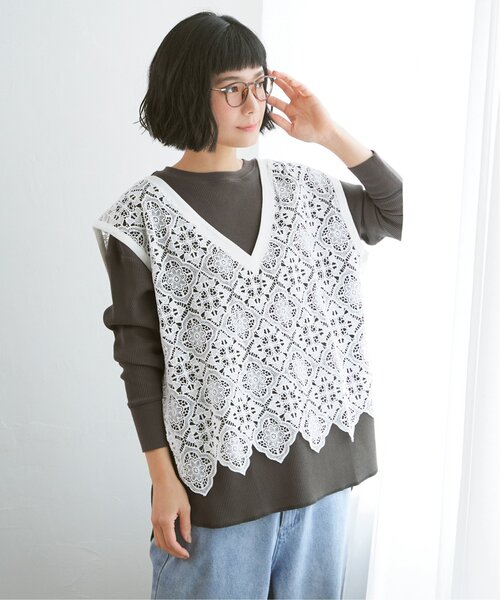 LBC(エルビーシー)の「ワッフルゆるプルオーバー(Tシャツ/カットソー・レディース・オフホワイト/チャコールグレー/その他7・M)」の19枚目の写真