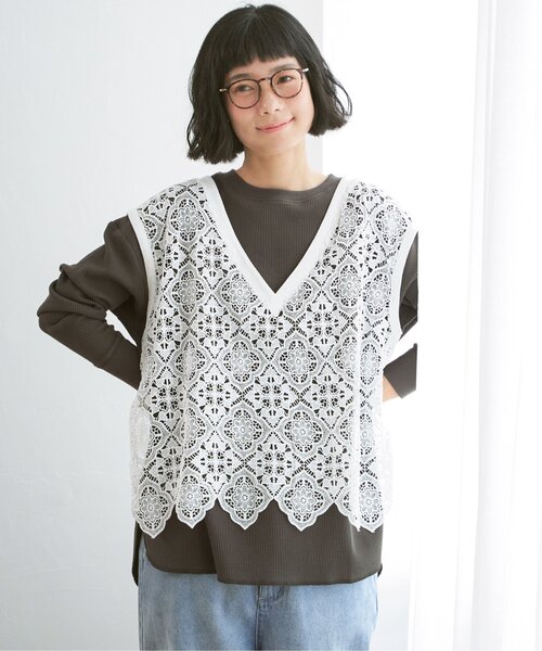 LBC(エルビーシー)の「ワッフルゆるプルオーバー(Tシャツ/カットソー・レディース・オフホワイト/チャコールグレー/その他7・M)」の21枚目の写真