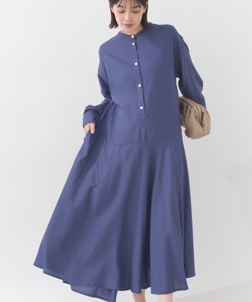 セール】レーヨンバンドカラー裾フレアワンピース（ワンピース