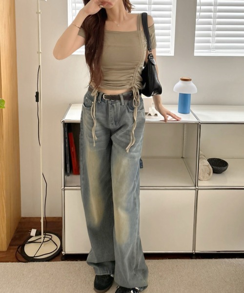 セール】【選べる袖丈】 ルーシング オフショルダー Tシャツ