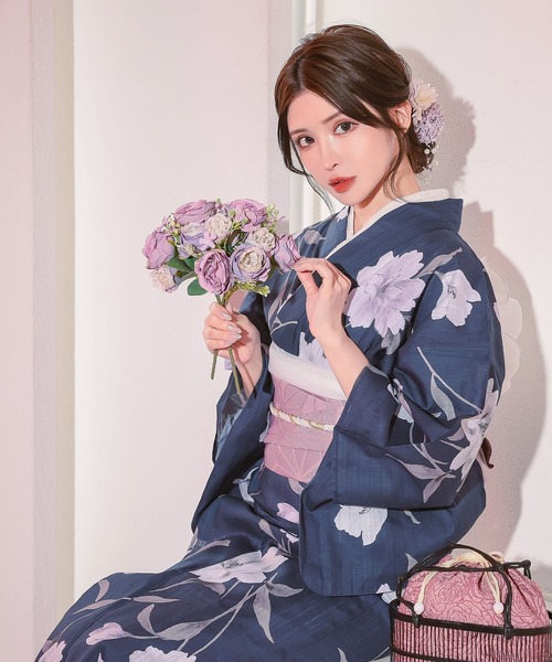 浴衣セット レディース 紺地×水彩百合の花 ゆかた3点セット 浴衣 平帯 下駄かわいい