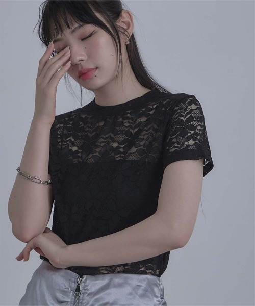 レース付きTシャツ セール】【2色展開】レースクロス背中あきTシャツ（Tシャツ