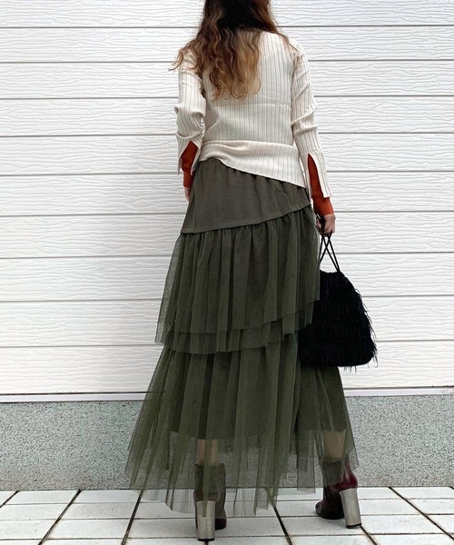 Q（キュー）の「チュールティアードスカート（スカート・レディース・カーキ/グレー・MEDIUM）」の12枚目の写真
