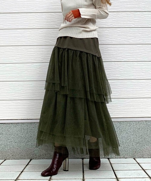 Q（キュー）の「チュールティアードスカート（スカート・レディース・カーキ/グレー・MEDIUM）」の15枚目の写真
