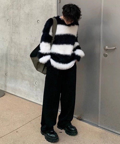 NOWLE(ノウル)の「【NOWLE】スムース シャギー プルオーバー ボーダー ニット(ニット/セーター・メンズ・ピンク/ホワイト/ブルー・LARGE/MEDIUM/SMALL)」の4枚目の写真