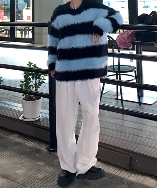 NOWLE(ノウル)の「【NOWLE】スムース シャギー プルオーバー ボーダー ニット(ニット/セーター・メンズ・ピンク/ホワイト/ブルー・LARGE/MEDIUM/SMALL)」の7枚目の写真