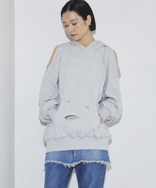 Firsthand（ファーストハンド）の「Firsthand/ファーストハンド ダメージスリットフーディ（パーカー・レディース・グレー/チャコールグレー・FREE）」の3枚目の写真