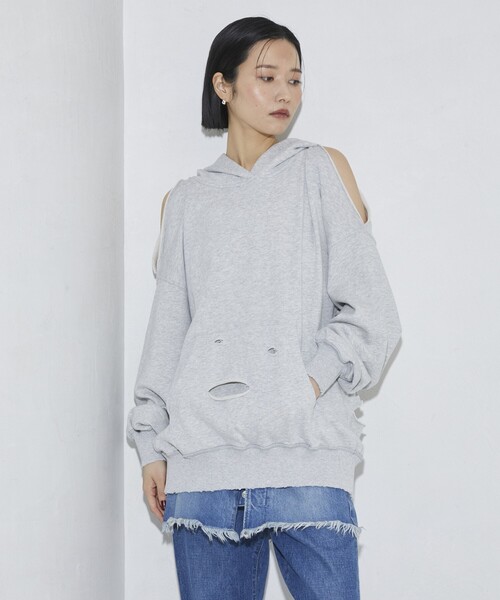 Firsthand（ファーストハンド）の「Firsthand/ファーストハンド ダメージスリットフーディ（パーカー・レディース・グレー/チャコールグレー・FREE）」の5枚目の写真