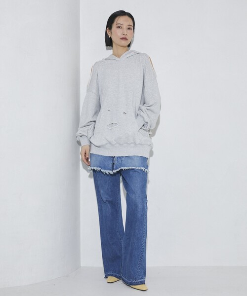 Firsthand（ファーストハンド）の「Firsthand/ファーストハンド ダメージスリットフーディ（パーカー・レディース・グレー/チャコールグレー・FREE）」の9枚目の写真