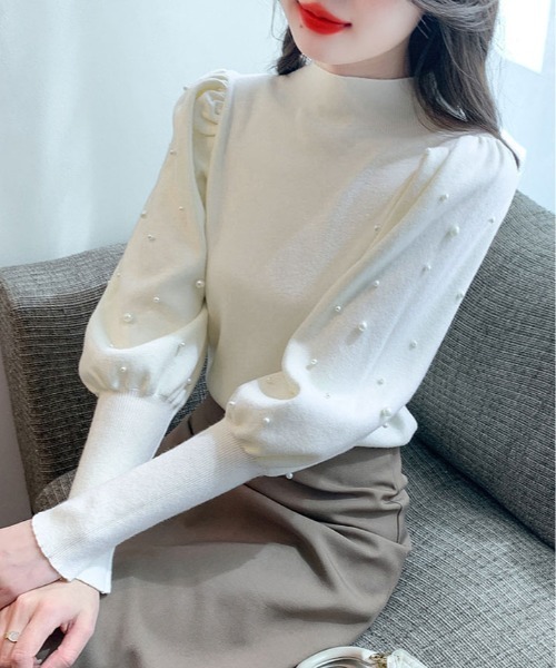 kirakiraShop(キラキラショップ)の「パール ボリューム スリーブ ニット トップス(ニット/セーター・レディース・ホワイト/ブラック・FREE)」の3枚目の写真