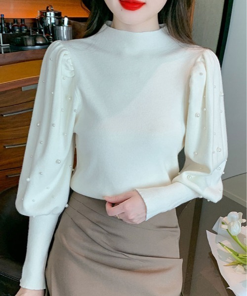 kirakiraShop(キラキラショップ)の「パール ボリューム スリーブ ニット トップス(ニット/セーター・レディース・ホワイト/ブラック・FREE)」の6枚目の写真