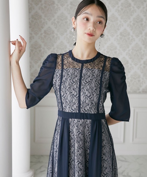 ニッセン レースシフォン切替えワンピースドレス セール】シフォン切り替えレースワンピースドレス（ドレス