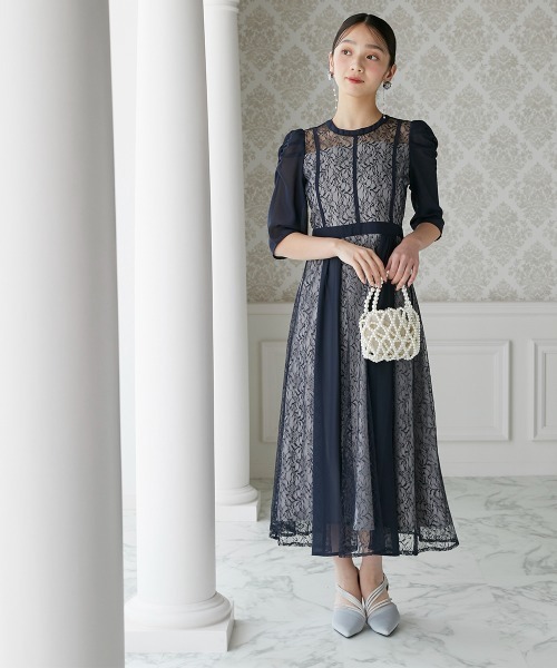 ニッセン 新品未使用品　4L Jolie et jolie ネイビーレースドレス シフォン切り替えレースワンピースドレス（ドレス）｜Jolie et Jolie