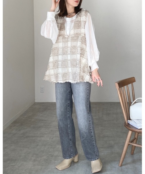 セール】チェック柄フリンジジャガード深Vネックペプラムベスト