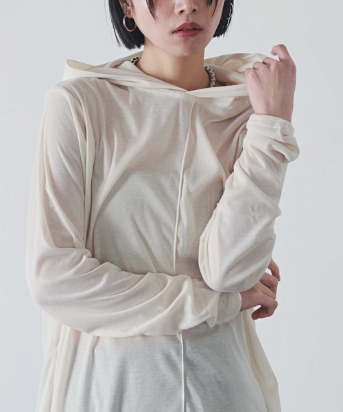 PURE BRIGHT（ピュアブライト）の「フードデザイン杢シアートップス（Tシャツ/カットソー・レディース・ブラック/アイボリー/グレー・FREE）」の2枚目の写真