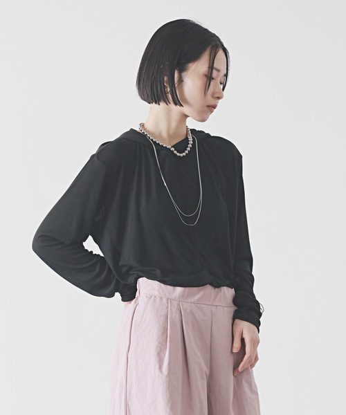 PURE BRIGHT（ピュアブライト）の「フードデザイン杢シアートップス（Tシャツ/カットソー・レディース・ブラック/アイボリー/グレー・FREE）」の3枚目の写真