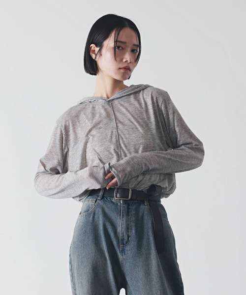 PURE BRIGHT（ピュアブライト）の「フードデザイン杢シアートップス（Tシャツ/カットソー・レディース・ブラック/アイボリー/グレー・FREE）」の14枚目の写真