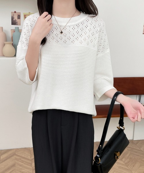 PLEATS PLEASE アイボリー 五分袖ニット Basics-Top-in-Light-Gray-