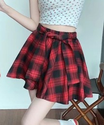 チェックフレア　腰巻き風デザイン ミニスカート