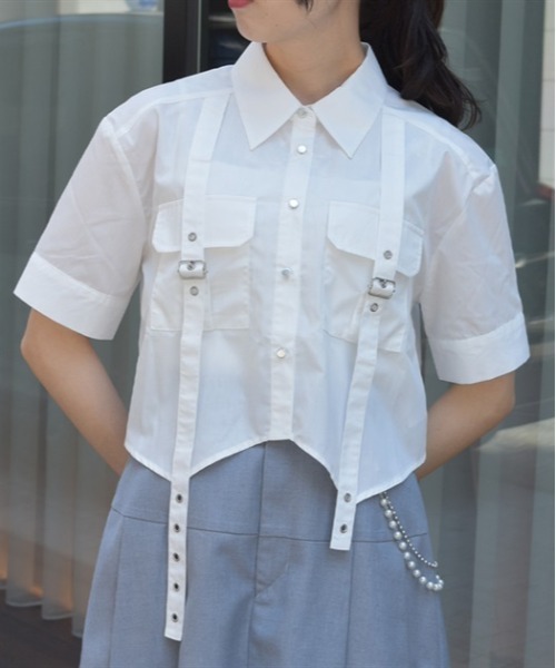 axes femme（アクシーズファム）の「ハトメ使タブショートシャツ（シャツ/ブラウス・レディース・ホワイト/ブラック/ブルーグリーン・FREE）」の4枚目の写真