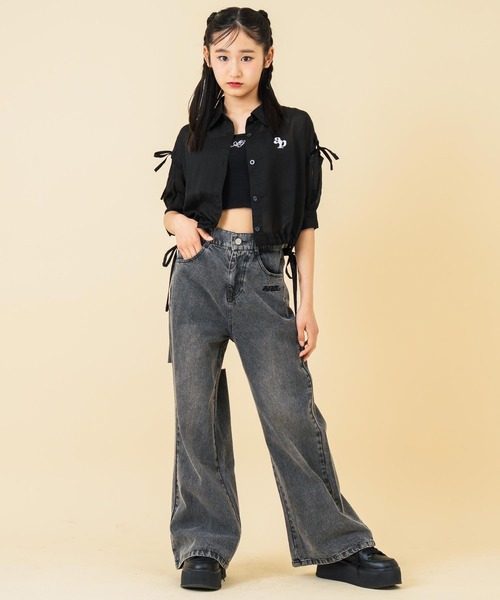 ANAP GｉRL（アナップガール）の「肩リボン シアー デザイン シャツ【キッズお揃い】（シャツ/ブラウス・キッズ・ホワイト/スミクロ/ラベンダー/ベージュ/ブラック×ホワイト・M/S/XS）」の10枚目の写真