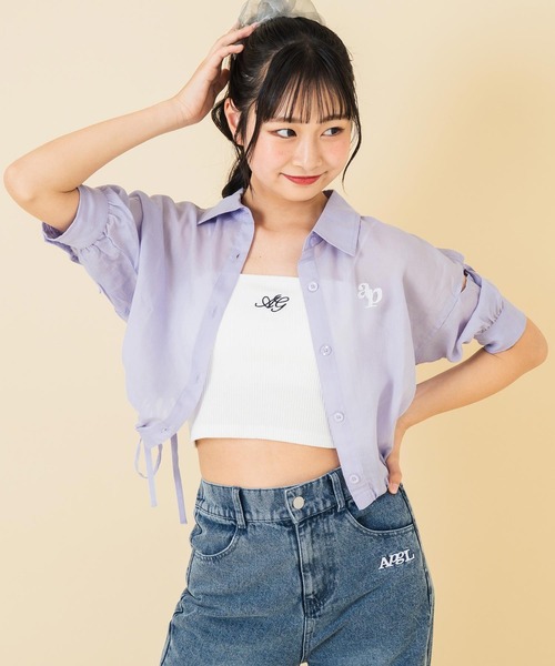 ANAP GｉRL（アナップガール）の「肩リボン シアー デザイン シャツ【キッズお揃い】（シャツ/ブラウス・キッズ・ホワイト/スミクロ/ラベンダー/ベージュ/ブラック×ホワイト・M/S/XS）」の9枚目の写真