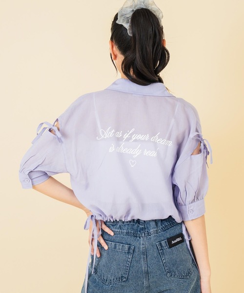 ANAP GｉRL（アナップガール）の「肩リボン シアー デザイン シャツ【キッズお揃い】（シャツ/ブラウス・キッズ・ホワイト/スミクロ/ラベンダー/ベージュ/ブラック×ホワイト・M/S/XS）」の7枚目の写真