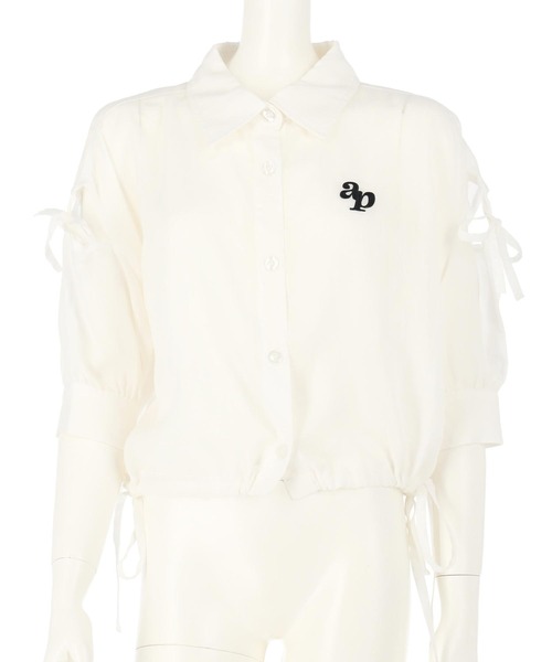 ANAP GｉRL（アナップガール）の「肩リボン シアー デザイン シャツ【キッズお揃い】（シャツ/ブラウス・キッズ・ホワイト/スミクロ/ラベンダー/ベージュ/ブラック×ホワイト・M/S/XS）」の17枚目の写真