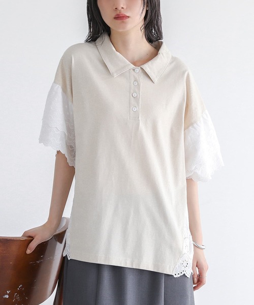 somari imagination（ソマリ イマジネーション）の「『コットンレース切り替えポロカットソー』（ポロシャツ・レディース・ブルー/ブラック/ライトベージュ・2/1）」の3枚目の写真