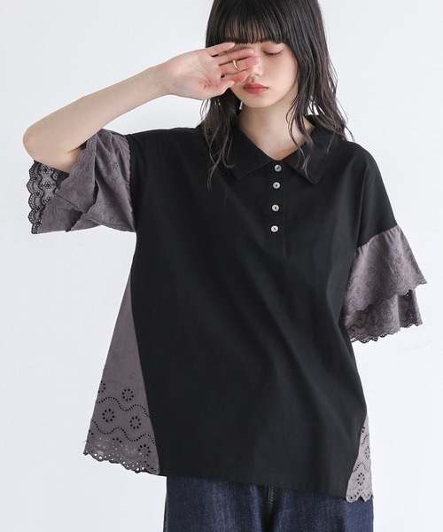 somari imagination（ソマリ イマジネーション）の「『コットンレース切り替えポロカットソー』（ポロシャツ・レディース・ブルー/ブラック/ライトベージュ・2/1）」の2枚目の写真