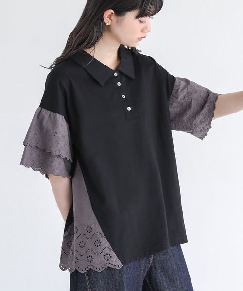 somari imagination（ソマリ イマジネーション）の「『コットンレース切り替えポロカットソー』（ポロシャツ・レディース・ブルー/ブラック/ライトベージュ・2/1）」の13枚目の写真