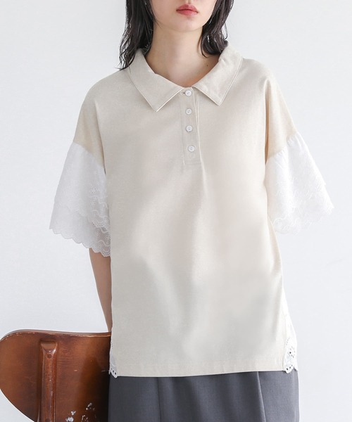 somari imagination（ソマリ イマジネーション）の「『コットンレース切り替えポロカットソー』（ポロシャツ・レディース・ブルー/ブラック/ライトベージュ・2/1）」の4枚目の写真