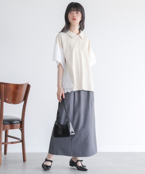 somari imagination（ソマリ イマジネーション）の「『コットンレース切り替えポロカットソー』（ポロシャツ・レディース・ブルー/ブラック/ライトベージュ・2/1）」の7枚目の写真