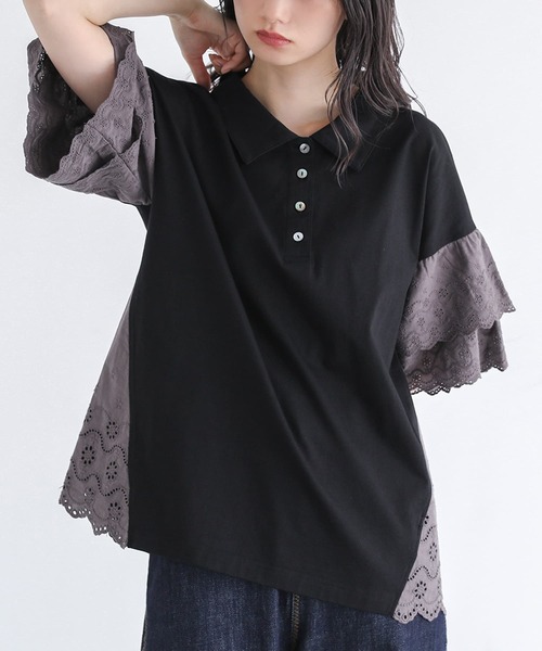 somari imagination（ソマリ イマジネーション）の「『コットンレース切り替えポロカットソー』（ポロシャツ・レディース・ブルー/ブラック/ライトベージュ・2/1）」の11枚目の写真