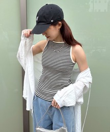 ISOOK | 【ISOOK / アイスー】ボートネックボーダータンクトップ / リブタンクトップ リンガー ノースリーブ ボートネック スラッシュドネック ミドル丈 細ボーダー レッド ブラック 赤 黒 ZOZOTOWN限定(タンクトップ)