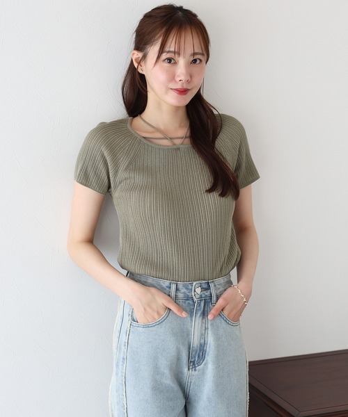 アニエスベー　リボン付き青ニットセーター 半袖 アニエスベー リボン付き青ニットセーター 半袖 agnes b