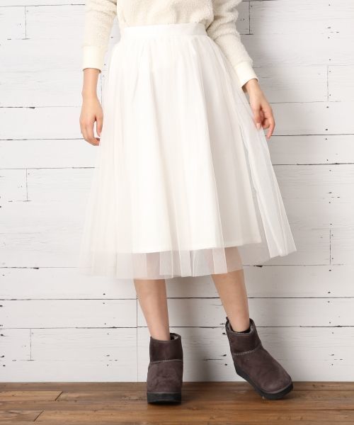 LOWRYS FARM(ローリーズファーム)の「チュールギャザーミディスカート 705395(スカート・レディース・オフホワイト/ブラック/グレー・FREE)」の1枚目の写真