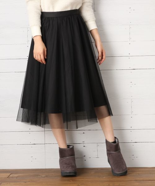 LOWRYS FARM(ローリーズファーム)の「チュールギャザーミディスカート 705395(スカート・レディース・オフホワイト/ブラック/グレー・FREE)」の2枚目の写真