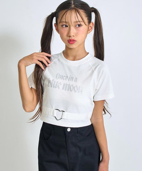ANAP GiRL(アナップガール)の「ANAPR+S ハート バックル付 ラインストーン ミニ トップス Tシャツ(Tシャツ/カットソー・キッズ・ライトピンク/ブラック/ホワイト・M/S/XS)」の2枚目の写真