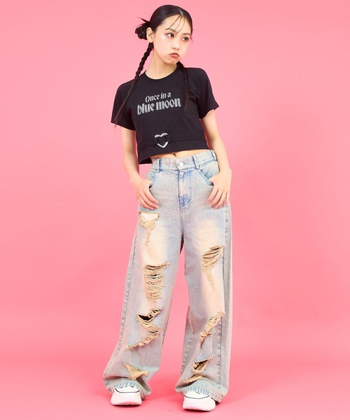 ANAP GiRL(アナップガール)の「ANAPR+S ハート バックル付 ラインストーン ミニ トップス Tシャツ(Tシャツ/カットソー・キッズ・ライトピンク/ブラック/ホワイト・M/S/XS)」の7枚目の写真
