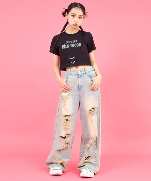 ANAP GiRL(アナップガール)の「ANAPR+S ハート バックル付 ラインストーン ミニ トップス Tシャツ(Tシャツ/カットソー・キッズ・ライトピンク/ブラック/ホワイト・M/S/XS)」の5枚目の写真