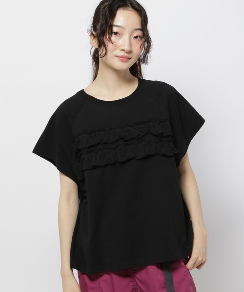 ニコアンド フリダンTシャツ 　ブラック セール】フリル加工フレンチTシャツ（Tシャツ/カットソー