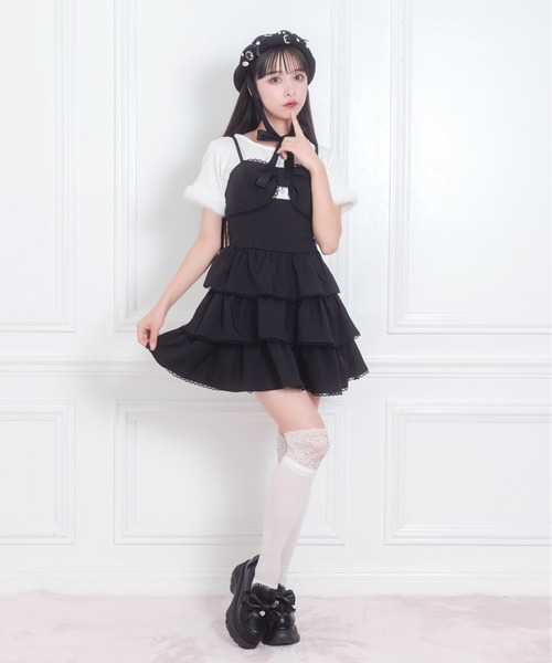Honey Cinnamon(ハニーシナモン)の「リボンロゴチャーム3段フリルジャンスカ(ジャンパースカート・レディース・グレー/ブラック・FREE)」の11枚目の写真