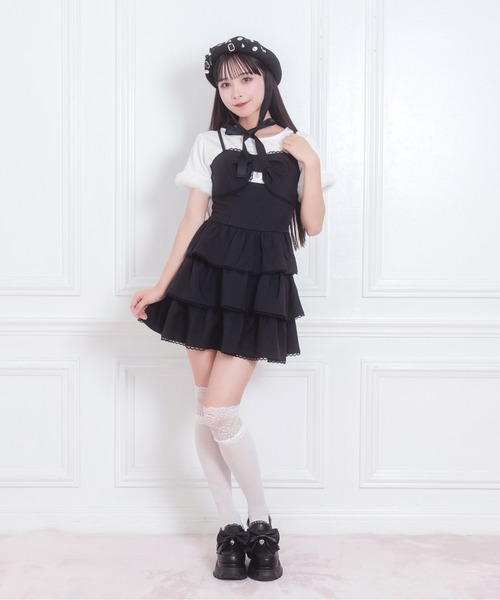 Honey Cinnamon(ハニーシナモン)の「リボンロゴチャーム3段フリルジャンスカ(ジャンパースカート・レディース・グレー/ブラック・FREE)」の12枚目の写真