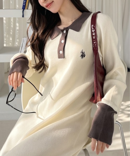 U.S. POLO ASSN.(ユーエスポロアッスン)の「【Ada.別注 U.S. POLO ASSN】配色デザイン ポロ襟 ニットワンピース(ワンピース・レディース・ブラック/グレー/ブラウン/オフホワイト/ネイビー・L/M/S)」の1枚目の写真