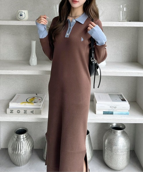 U.S. POLO ASSN.（ユーエスポロアッスン）の「【Ada.別注 U.S. POLO ASSN】配色デザイン ポロ襟 ニットワンピース（ワンピース・レディース・ブラック/グレー/ブラウン・L/M）」の9枚目の写真