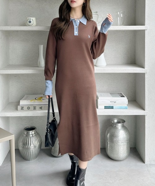 U.S. POLO ASSN.（ユーエスポロアッスン）の「【Ada.別注 U.S. POLO ASSN】配色デザイン ポロ襟 ニットワンピース（ワンピース・レディース・ブラック/グレー/ブラウン・L/M）」の21枚目の写真