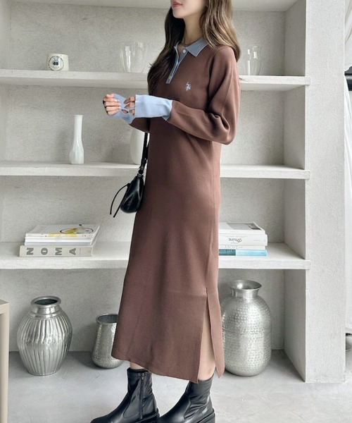 U.S. POLO ASSN.（ユーエスポロアッスン）の「【Ada.別注 U.S. POLO ASSN】配色デザイン ポロ襟 ニットワンピース（ワンピース・レディース・ブラック/グレー/ブラウン・L/M）」の17枚目の写真